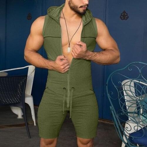 Newest Arrival Men Fashion Tight Fitness Jumpsuit Zipper Sleeveless Hooded Rompers Pants Outfits with Pockets