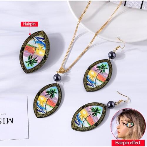 SophiaXuan Hawaiian Jewelry Sets Fashion Marshall Tree Pendants Necklaces Earrings Hairpin Set 3 Pcs for Women Summer Gift