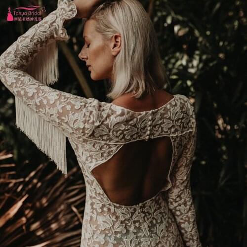 A Line Lace Wedding Dresses Long sleeve Tassel Fringe Fashion Bridal Gowns Bohemian Lovely Robe de Soriee ZW372