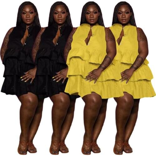Summer New Style Plus Size Womens Solid Color Button Sleeveless Cake Dress