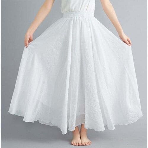 Literary Large Size Cotton Linen Skirt Elastic Waist Linen A Word Skirt Long Solid Color National Style Big Swing Skirt A809