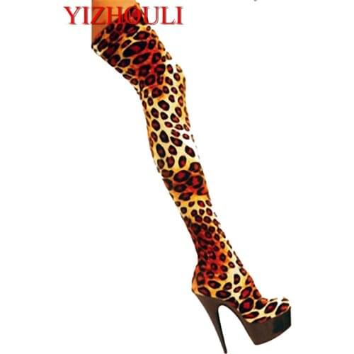 Fashion 15cm Leopard Print Leather Sexy High Heels 6 Inch Platform Women Over Knee Thigh High Boots Sexy Boots