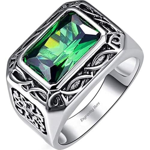 Fine Green Stone Men Ring Solid 925 Sterling Sliver Jewelry Engagement Wedding Ring for Men Size 6-14