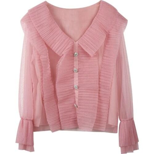 PERHAPS U Women Elegant Sweet Pink Chiffon Ruffle V-Neck Pullover Button Flared Sleeve Shirt Blouse B3078