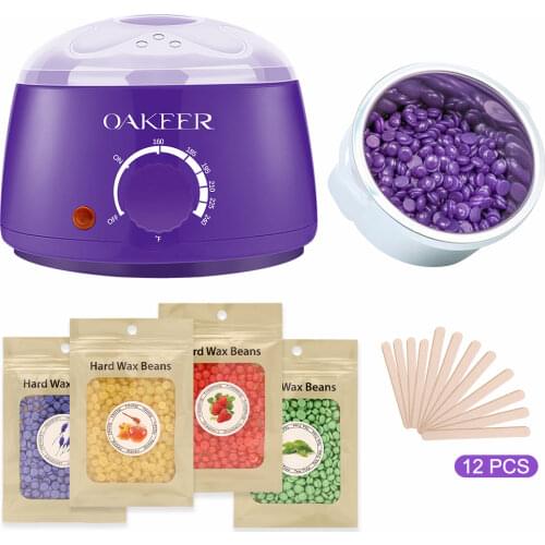 Wax Warmer Heater Hair Removal Machine Depilation with 4 Kinds of Wax Beans and 12 Wooden Scrapers for Face and Legs Arms