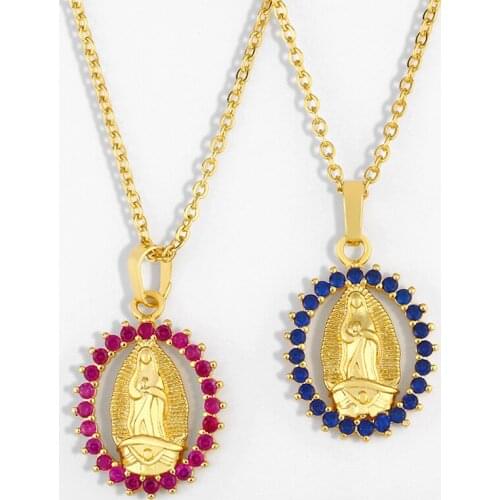FLOLA CZ Pave Holy Virgin Mary Necklaces For Women Pendant Necklace Stone Christian Religious Jewelry virgen de guadalupe nker19