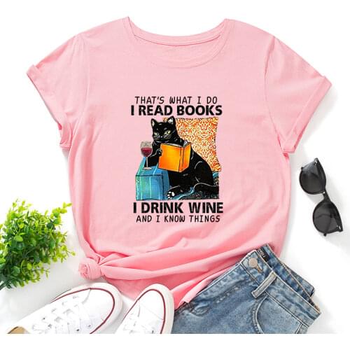 I Read Books I Drink Wine Book Lover Gift Cat Shirt Women Short Sleeve Cotton T-shirts Summer Graphic Tee Tops Female Clothes