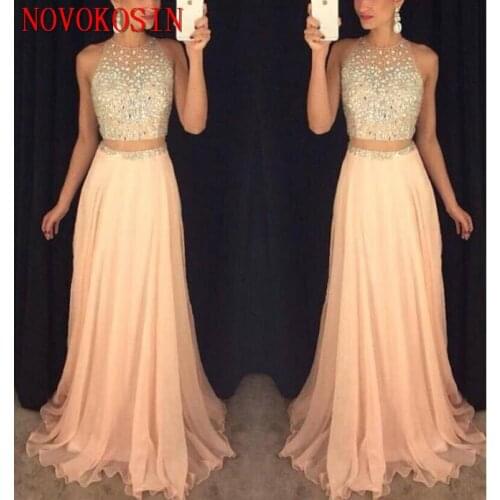 2019 Sexy Prom Dresses Jewel Neck Yellow Peach Chiffon Long Crystal Beads Sheer Waist Open Back 2 Piece Party Dress Evening Gown