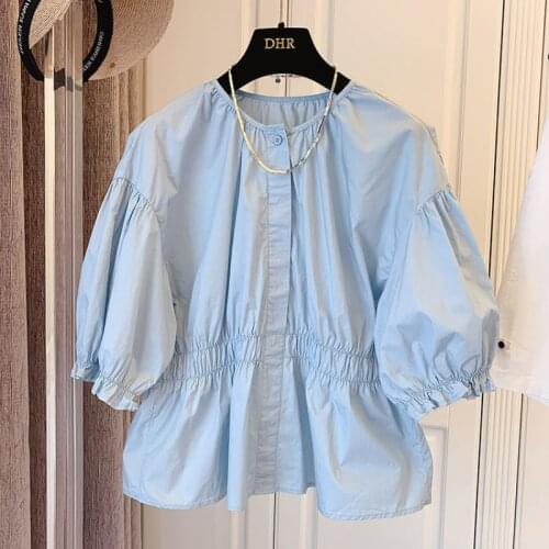 Pure Cotton Women Tops Short Sleeve Blouse Buttoned Stitching Korean Loose Casual Blouses Ruffled Puff Sleeve Shirt Top Womens