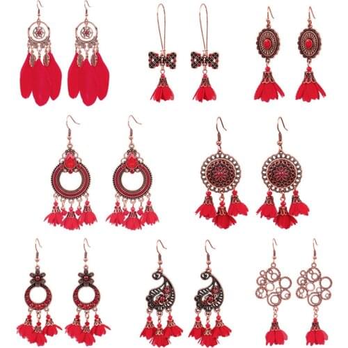 Exknl Vintage Flower Earrings Women Feather Earing Wedding Big Long Red Ethnic Tassel Drop Earrings for Women Fashion Jewelry