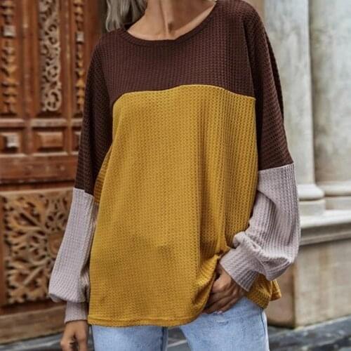Woman sweaters Fashion Women sweater Long Puff Sleeve O Neck Blouse Waffle Color Block Knit Pullover pull femme nouveauté 2020