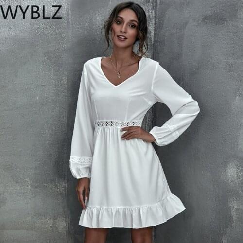 WYBLZ 2021 Summer New Womens Dress Sexy V Neck White Commuter Mini Dress Elegant Long Sleeve Lace Splice Vintage Boho Clothing