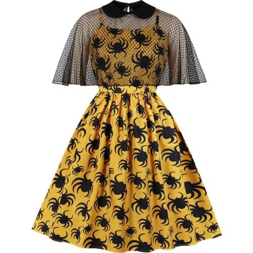 2020 Summer New Net Gauze Print Dress Womens Waist Big Size Party Temperament Dress Lapel Fashion Sexy Elegant Black Dress