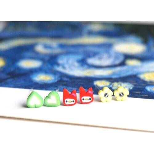 3 Pairs/set Cute anime Earring girl yellow Flower green heart red animal Ear Stud Small Earrings Set For Women Bijoux Brinco P19