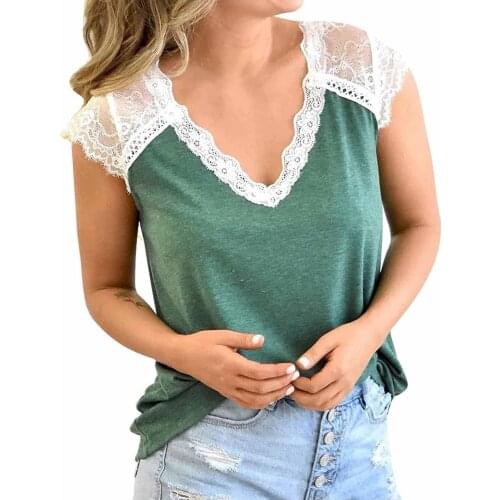 40# Lace Splicing T-shirts Womens Elegant Solid Color T-shirts V-neck Short Sleeve Casual Pullover Cool Top Mujer Camisetas