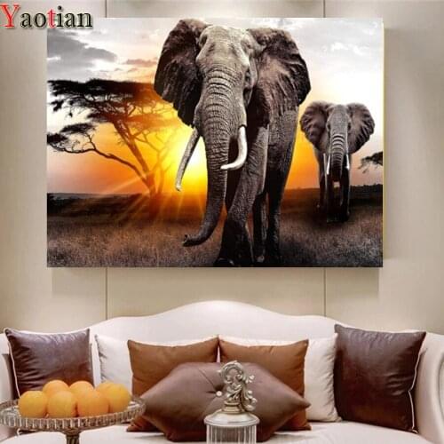 5d Diamond Painting Sunset African Elephant Picture Of Rhinestones diy Full drill Square round Embroidery Natural Landscape