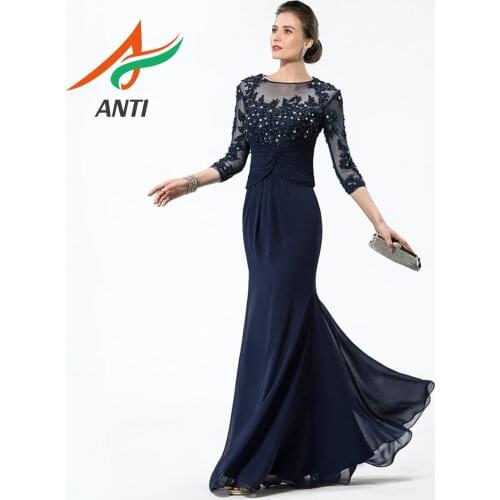 ANTI Dark Blue 2019 Mother Of The Bride Dresses With 3/4 Sleeves Vestido De Madrinha Mother Bride Gowns Formal Long Party Gowns