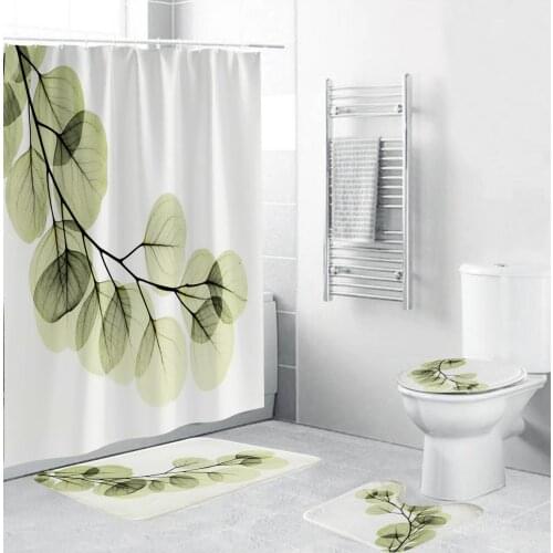 White Concise 4 Pieces Green Plants Waterproof Bathroom Shower Curtain Anti-Slip Toilet Mats Set Bath Mat Set Easy Cleaning