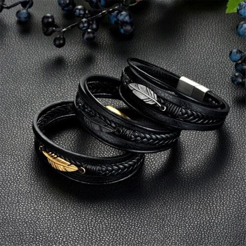 BONISKISS Multi-layer Leather Feather Shape Accessories Mens Bracelet Stainless Steel Leather Bracelet For Special Present Gift