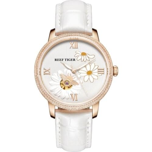 Reef Tiger/RT Brand Luxury Fashion Watch Women Automatic Watch Rose Gold Genuine Leather Strap Watch Reloje Mujer RGA1585