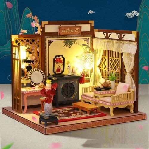 DIY Wooden Doll House Kit Assembled Miniature Furniture with Accessories Chinese Casa Light Dollhouse Toys for Adults Xmas Gifts