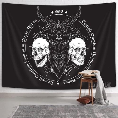 Baphomet Demon Goat Head Tapestry Pentagram With Demon Baphomet Satanic Tattoo Retro Music Summer For Biker Black Home Decor