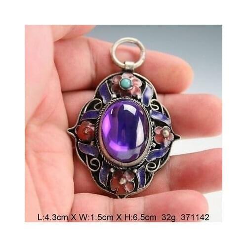 Exquisite Chinese Vintage Handwork Tibetan Silver Inlaid with Artificial Purple Zircon Pendant