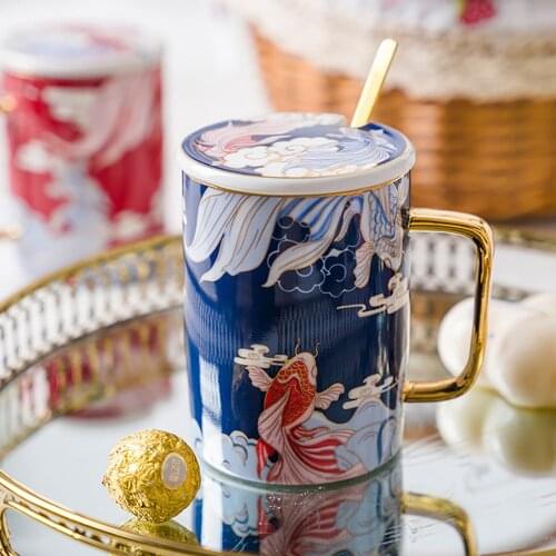 Chinese Coffee Milk Tea Mug 450ml Peacock/carp Pattern Breakfast Cup Ceramics Exquisite Gift Cups for Friends with Spoon and Lid