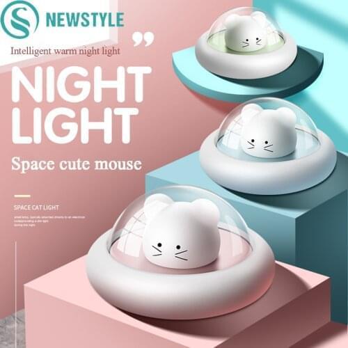 Cute UFO Night Light Cartoon Space Mouse LED Lamp Dimmable Timing Bedside Bedroom Decor Table Light For Baby Children Toy Gift