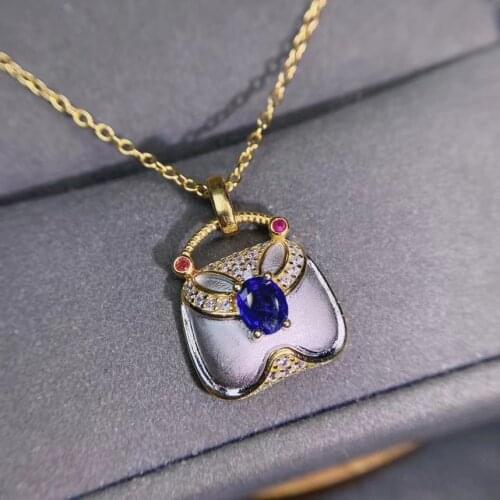 Fashion Design 100% New Luxury Natural and Real Sapphire Necklace Pendant Free shipping 925 Sterling Silver Jewellery
