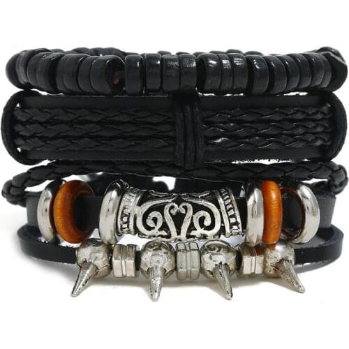 Puck Rock Black Bracelet Set Spikes Rivet Charm Beads Wristband Multilayer Weave Leather Women Bangle Gothic Fashion Men Jewelry