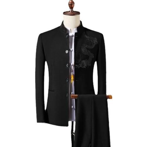 2021 New Chinese Style Men Business Banquet Suit Black Gray Wine Red Slim Fit Wedding Suits for Man