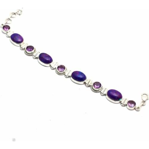 Genuine Purple Turquoise + Amethyst Bracelet 925 Sterling Silver, Women Fine Jewelry Gift, 20 cm, MHBBR0165