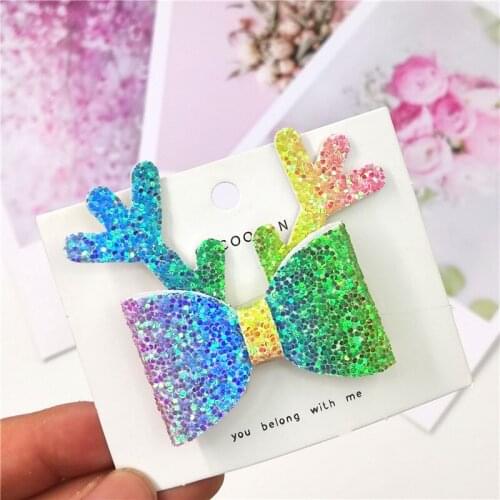 1PCS Lovely Rainbow Elk Leather Glitter 2.8 Inch Bow Elastic Hair Bands Hairpins Dance Party Hair Accessories For Baby Girl 2021