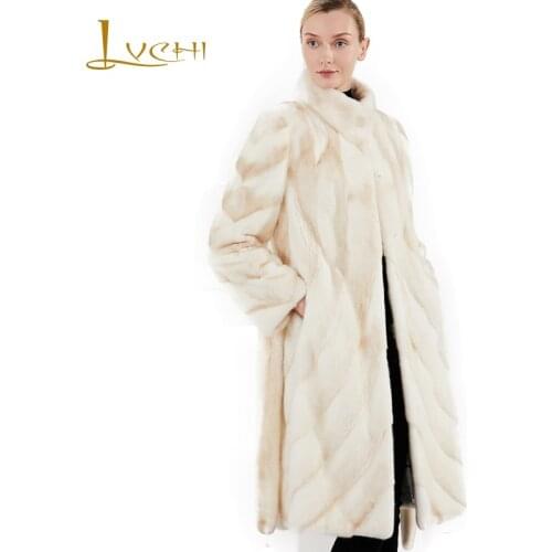 LVCHI Winter 2019 Import Cross Mink Fur Real Natural Fur Coat Loss Mandarin Collar Long Sleeve X-Long With Sashes Mink Fur Coats