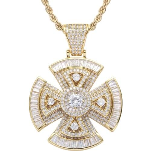 Rhinestone Men Necklace Ice Out Cubic Zircon Hip Hop Rotating Cross Pendant Gold Silver Color Charm Chain Jewelry