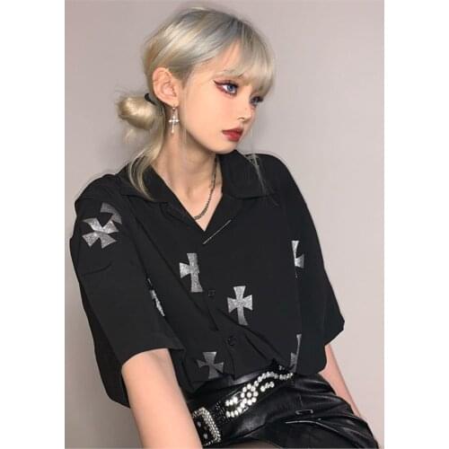 Dark silver glitter cross shirt loose high street trend short-sleeved shirts for men and women y2k tops E-girl clothes captain