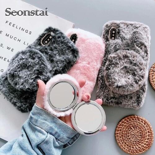 Warm Rabbit Fur Plush diamond Phone Case For iPhone6 6s 7 8 7Plus 8 Plus with Cute Mirror Cover For iPhone 11 pro Max TPU Funda