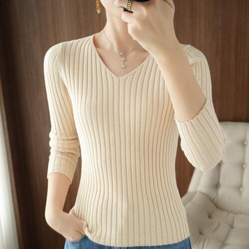 V-Neck Pure Cotton Knit Pullover Sweater Womens 2021 Autumn Winter New Pit Pattern High Elasticity Slim All-Match Bottom Shirt