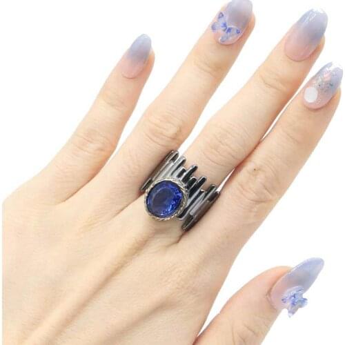 22x19mm Unique HipHop 14g Created Green Peridot Iolite For Ladies Gothic Cool Black Metal Silver Rings Street Fashion Jewelry