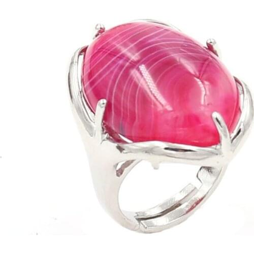 YJXP Silver Plated Oval Shape Adjustable Finger Wedding Ring Stripe Rose Red Agates Fashion Jewelry