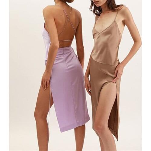 SEASONS Fashion Summer New Satin 2 Pieces Sets Women Strap Backless Camis High Split Midi Skirt Suit Matching Set Sexy ASSU83504