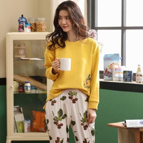 Women Spring And Autumn Winter New Style Lady Knitted Cotton Pullover Long Sleeve Trousers Home Leisure Two Piece Pajama Sets