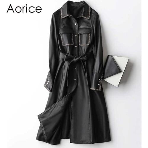 Aorice Women Real Leather Jacket Coat Female Genuine Sheep Skin Long Trench Jackets Coats A20106