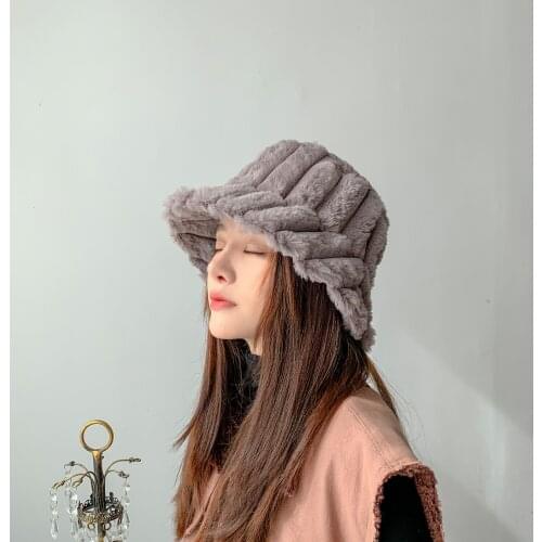 2021 Winter Womens Faux Fur Plush Bucket Hats for Girls Men Lady Soft Velvet Striped Panama Sun Hat Outdoor Warm Fisherman Cap
