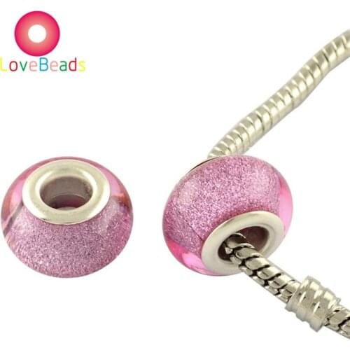 10Pcs Pink Color Silver Plated Resin Shiny Glitter Muranos Large Hole European Beads Fit Pandora Charms Bracelet Bangle Jewelry