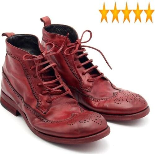Boots 100% Cowhide Leather Mens Runway Luxury Handmade High Quality Retro Red Masculine Boot Lace Up Safety Shoes Men Plus Size