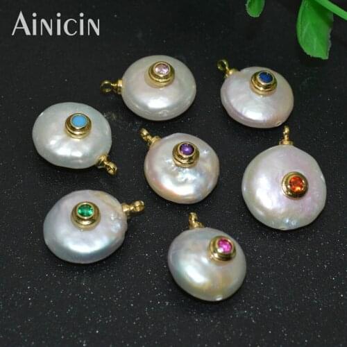 20pcs High Quality Natural Freshwater Pearl Round Coin Shape Cubic Zircon Glue Paved Charms Fashion DIY Jewelry Making Findings