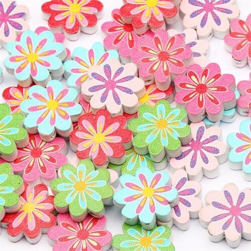 50PCS Mixed Flower Printed Wood Bead Loose Spacer Bead Jewelry Making Bracelet 22MM