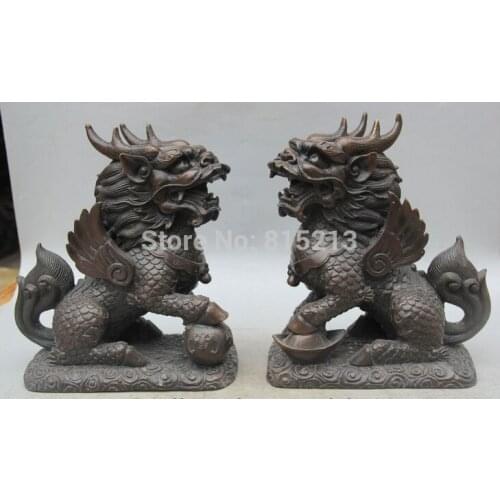 Bi0011670 11" Chinese Bronze Feng Shui Wealth Fu bat Folk Kylin Chi-lin Qilin Statue Pair